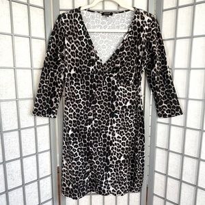 Express Leopard Print Mini Dress Size S | Black Gray V-Neck 3/4 Sleeve Bodycon